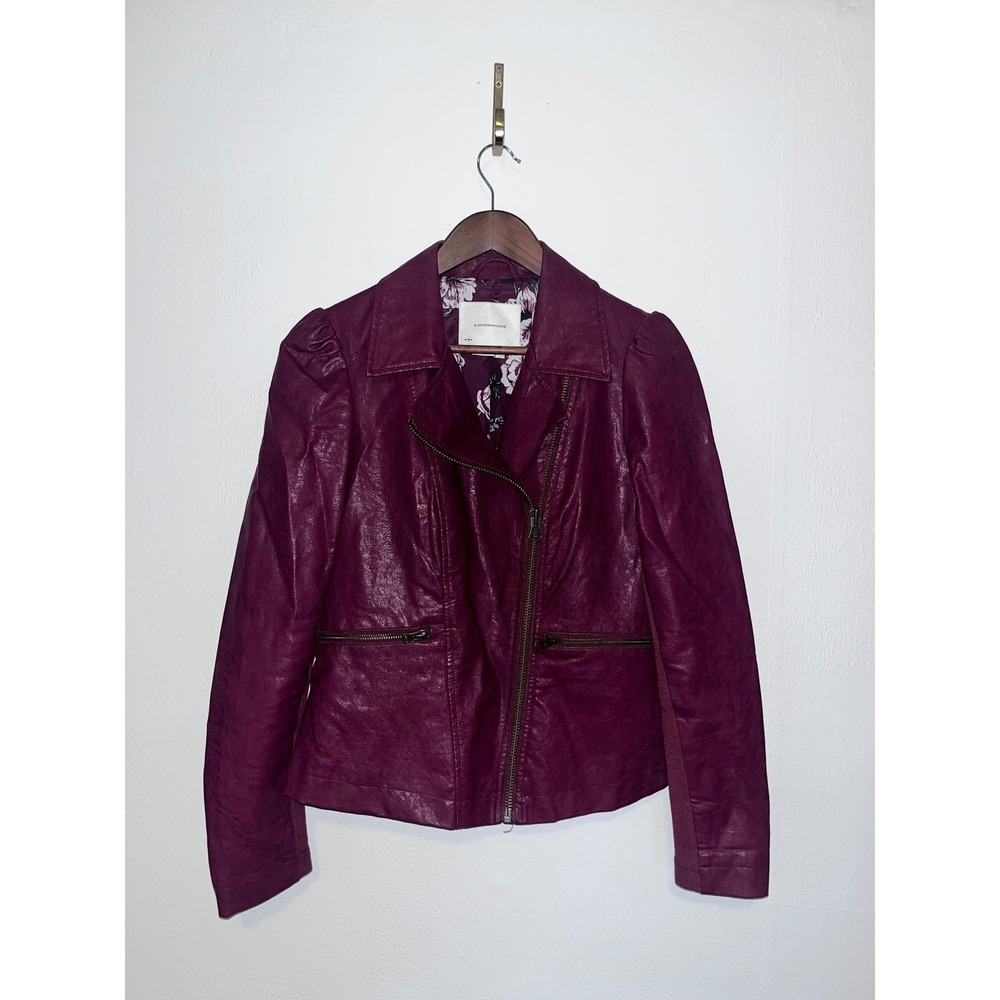 Anthropologie Vegan Leather Moto Jacket Plum Burgundy Floral Lining Puff Sleeve